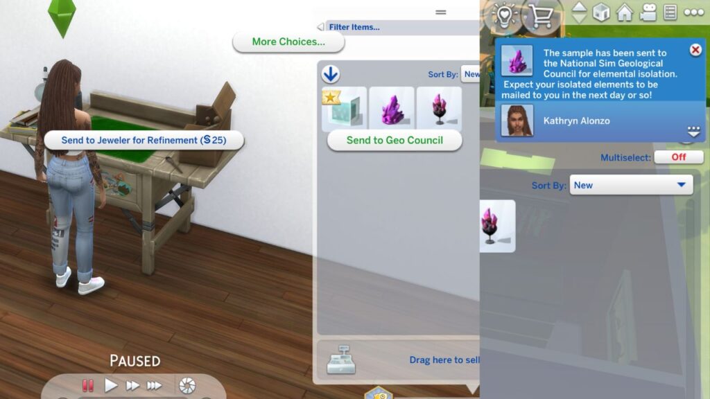 A screenshot from The Sims 4 showing how to send crystals to. the geo council to turn them into elements