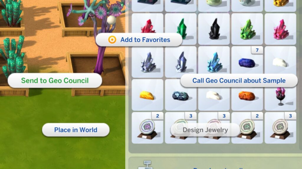 A screenshot from The Sims 4 showing how to send a metal to the Geo council to get an element back