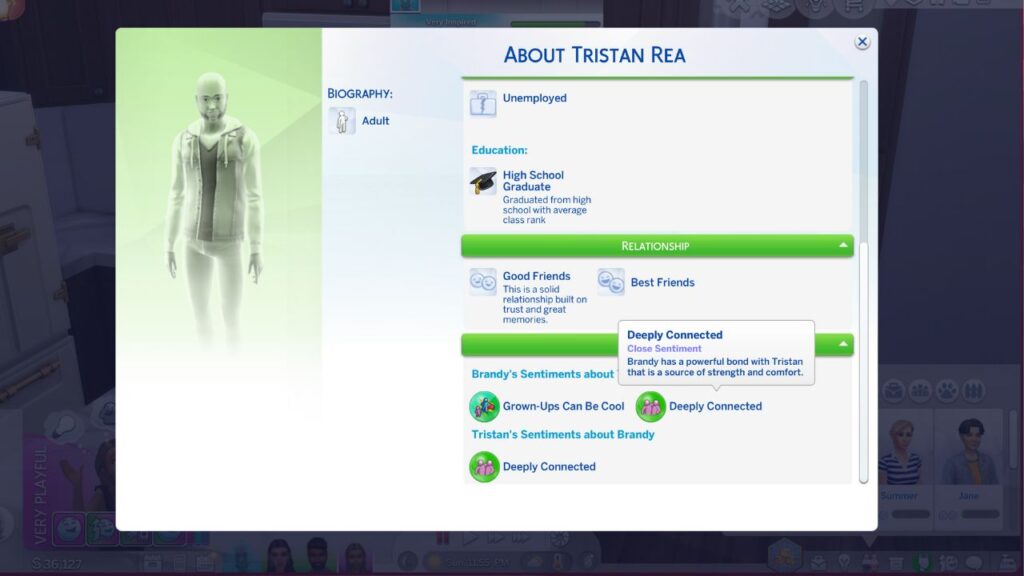 A screenshot from The Sims 4 showing the profile for a ghost with positive sentiments 