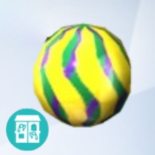 A screenshot from The Sims 4 showing a grey background with an enlarged image of a marble with a yellow base and green and purple design 