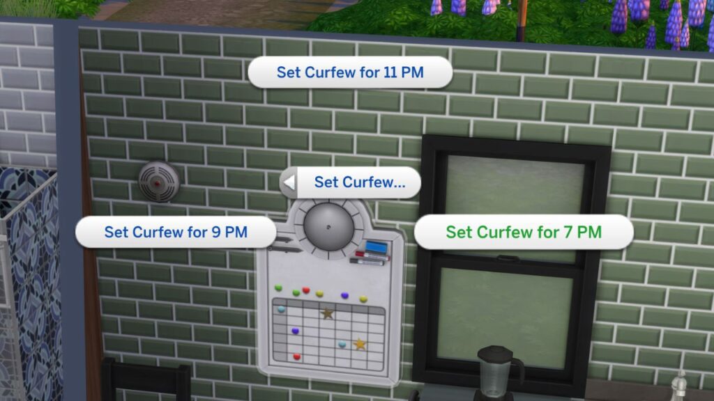 A screenshot from The Sims 4 showing how to set a curfew on a bulletin board