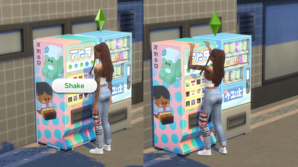 A screenshot from The Sims 4 showing the option to shake a vending machine