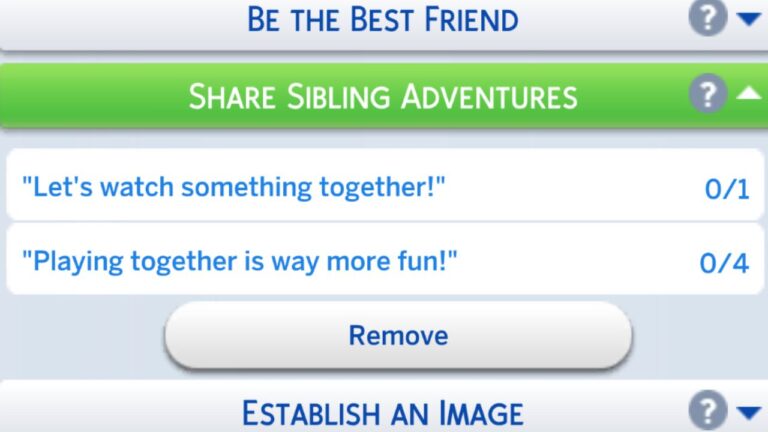 A screenshot from The Sims 4 showing the share sibling adventures formative moment