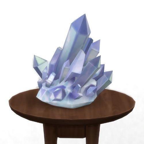 A screenshot from The Sims 4 showing a brown circular table with a crystal on top. This image has a crystal called shinolite