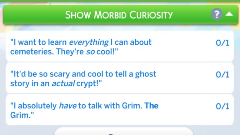 A screenshot from The Sims 4 showing the show morbid curiosity formative moment tasks