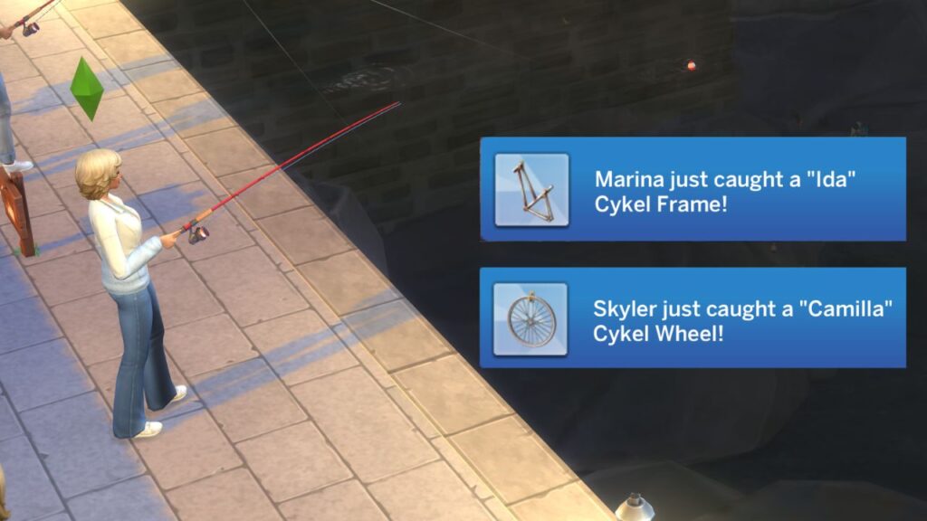 A screenshot from The Sims 4 showing a sim fishing to clean the canal and notifications from getting bike parts