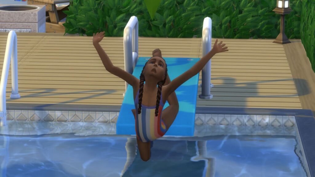 A screenshot from The Sims 4 showing a sim failing at jumping off a diving board 