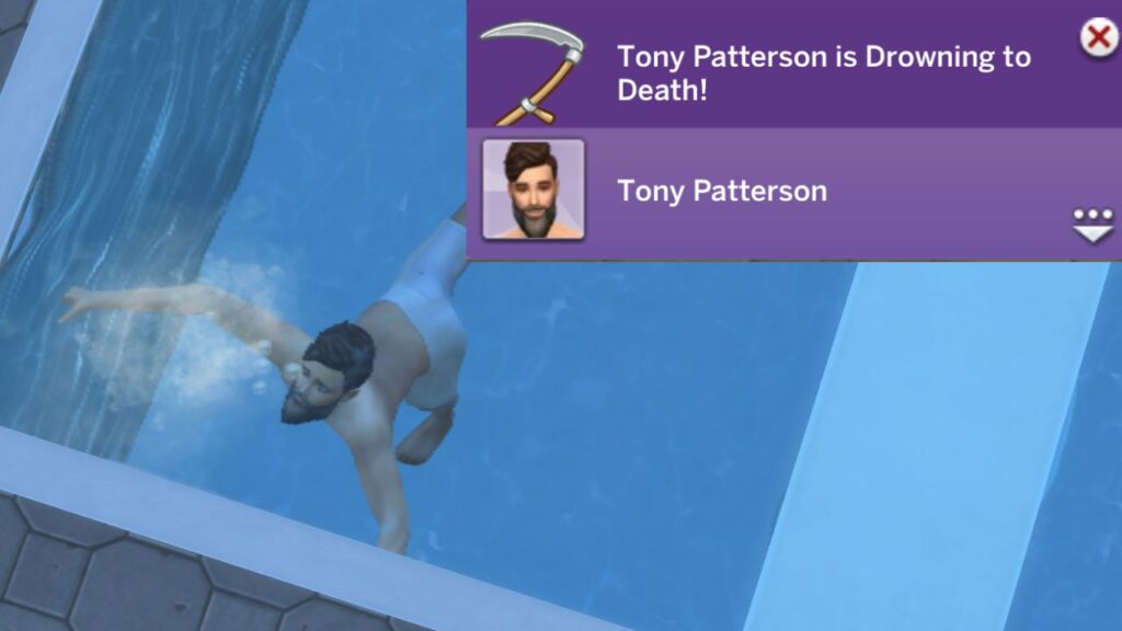 A screenshot from The Sims 4 showing a sim drowning in a pool