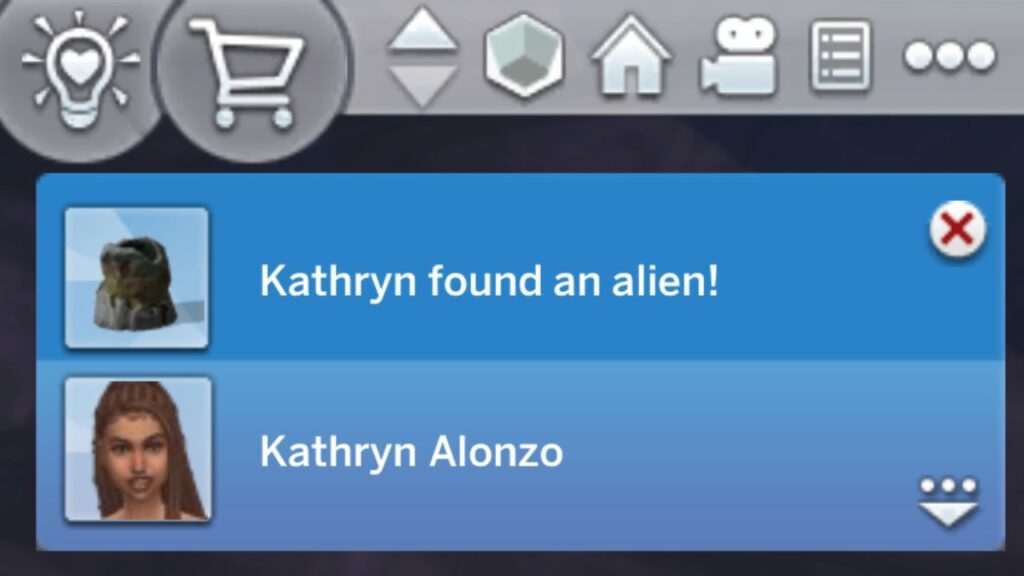 A screenshot from The Sims 4 showing the notification you get when a sim finds an alien in Sixam