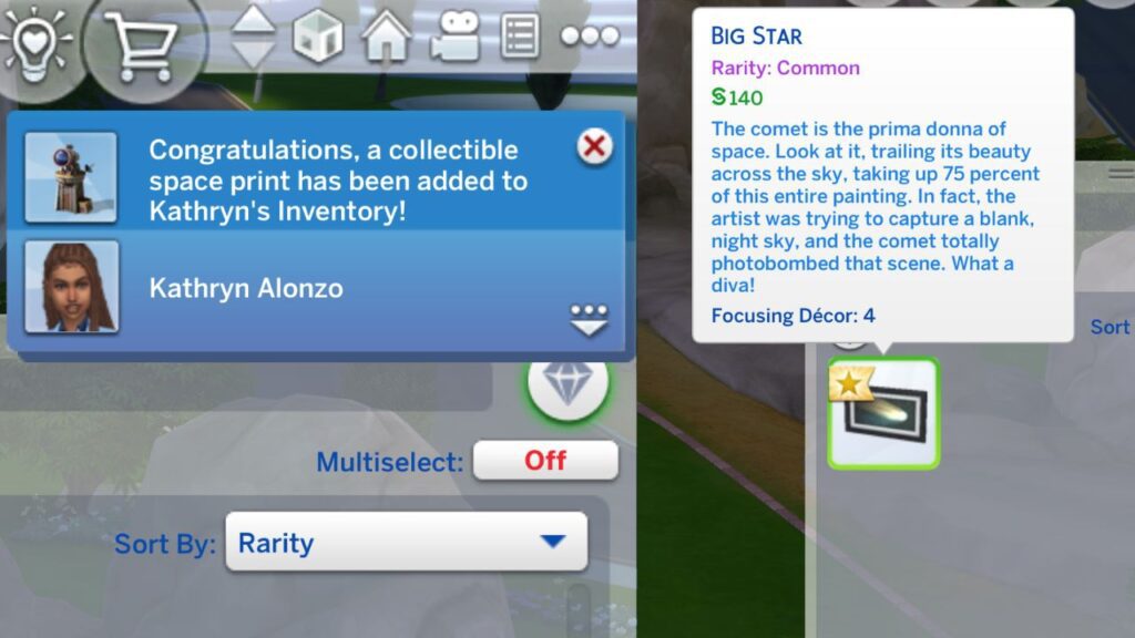 A screenshot from The Sims 4 showing the notification you get when a sim gets a space print from the backyard observatory