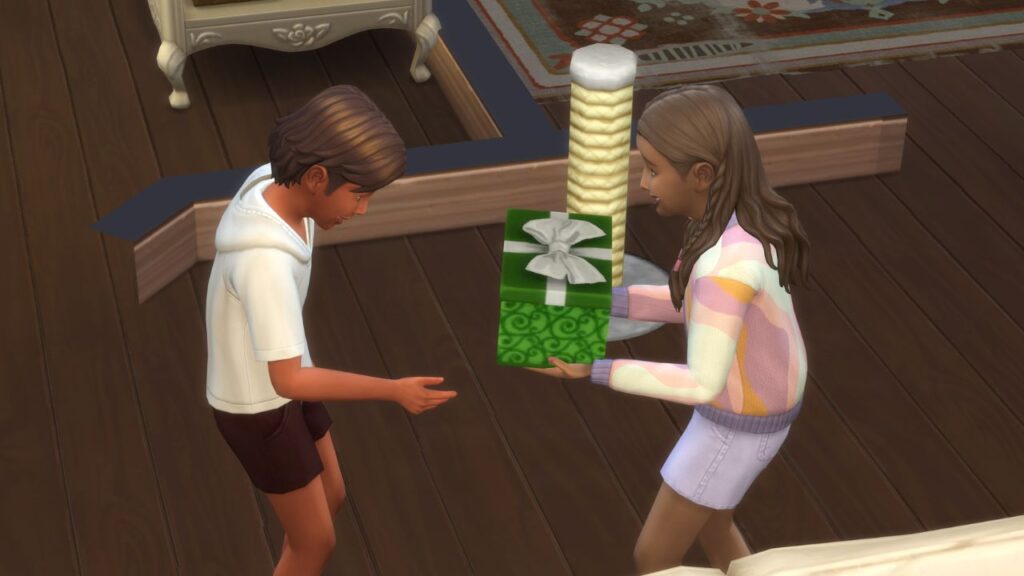 A screenshot from The Sims 4 showing a sister giving a gift to their brother