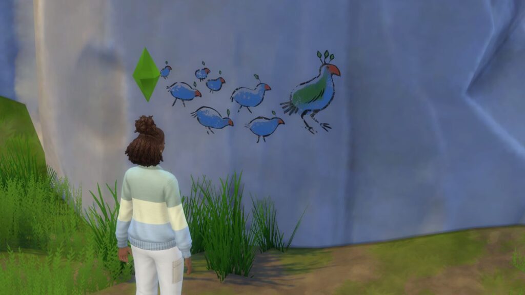 A screenshot from The Sims 4 showing a sim staring at a cave painting of Plumbirds 