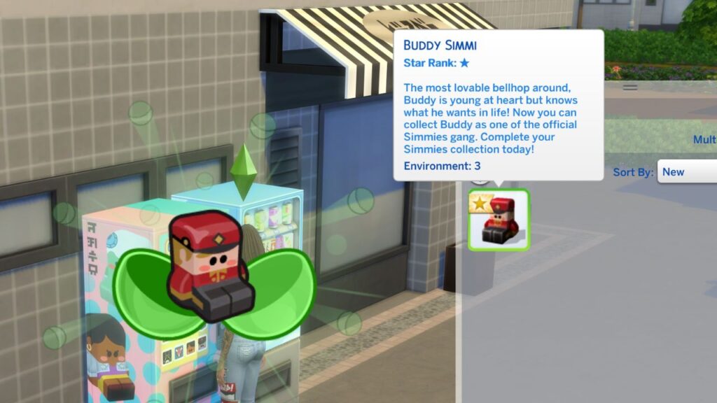 A screenshot from The Sims 4 showing a Simmi Capsule opening with Buddy Simmi inside