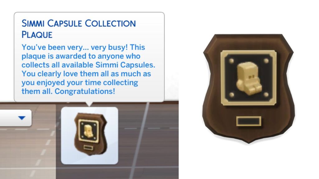 A screenshot from The Sims 4 showing the plaque for finshing the simmie collection