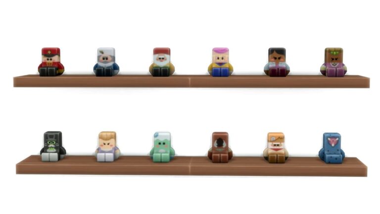 A screenshot from The Sims 4 showing a set of shelves covered in Simmies