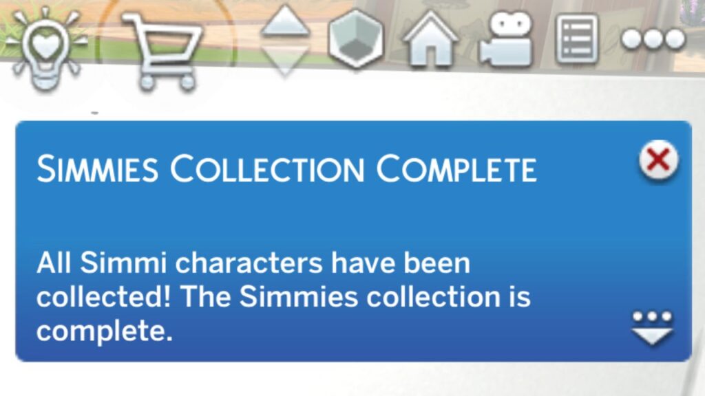A screenshot from The Sims 4 showing the simmies collection complete notification