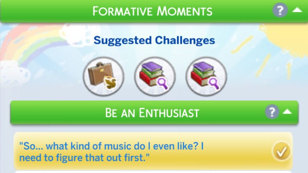 A screenshot from The Sims 4 showing the formative moments panel
