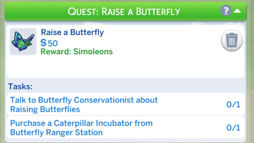 A screenshot from The Sims 4 showing the tasks for the raise a butterfly quest