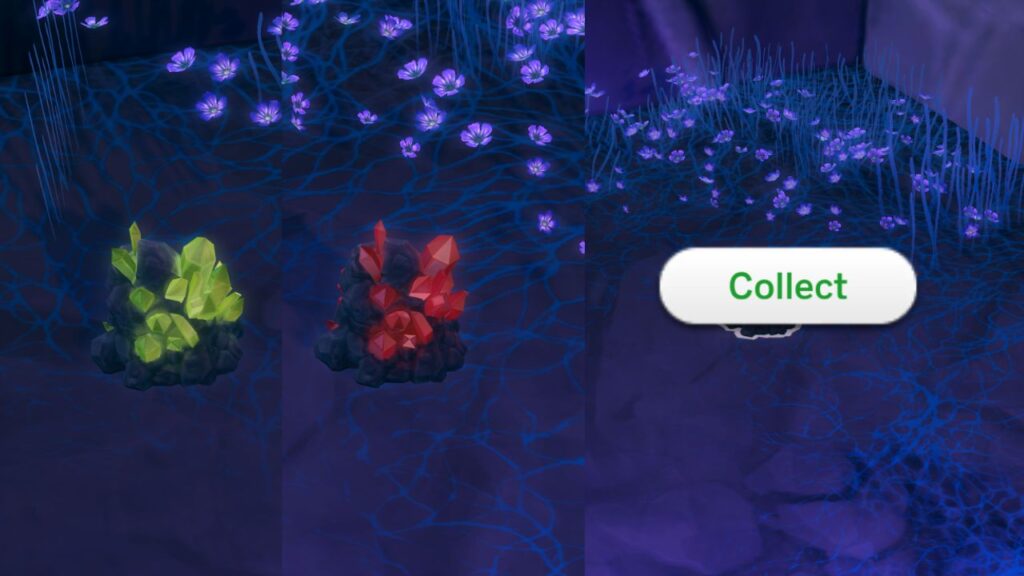 A screenshot from The Sims 4 showing the crystal rocks in Planet Sixam