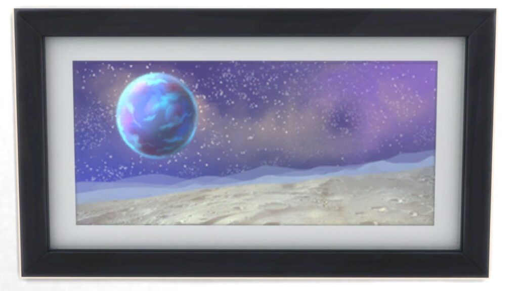 A screenshot from The Sims 4 showing a black frame with a print of a the top of the moon on the ground and a planet in the background