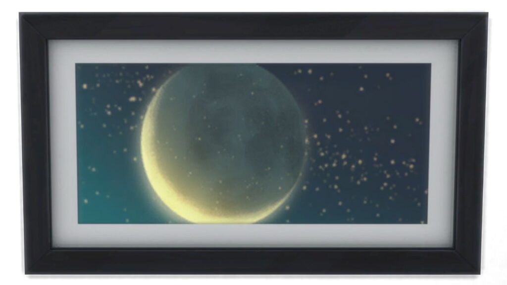 A screenshot from The Sims 4 showing a black frame with a print of a moon mostly dark with a crescent of light and stars in the background