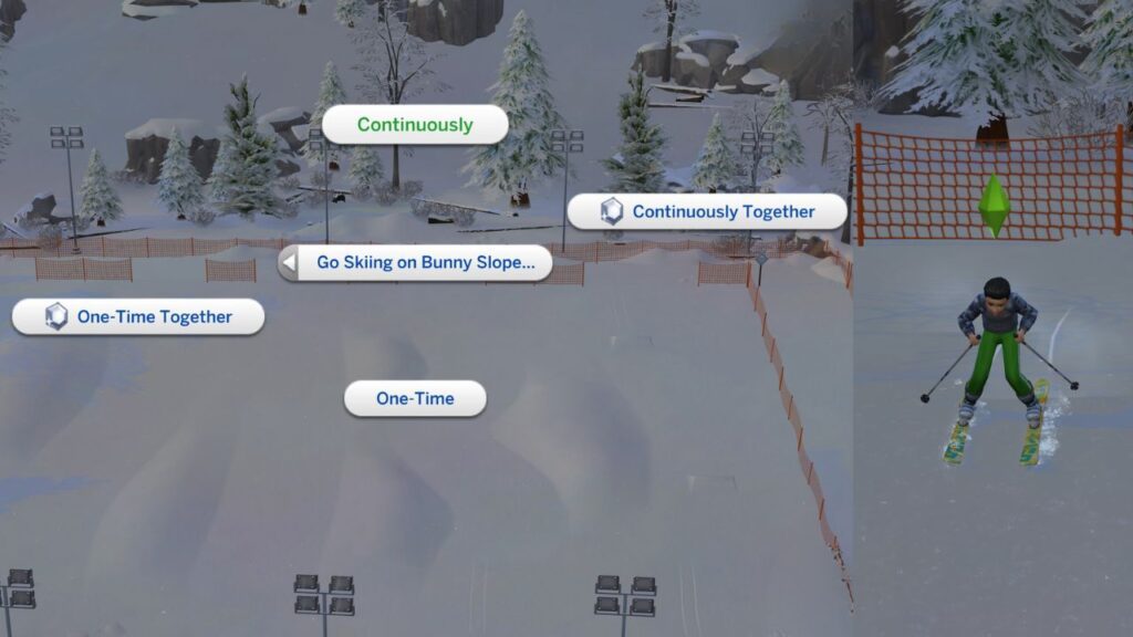 A screenshot from The Sims 4 showing a child going skiing on the bunny slope