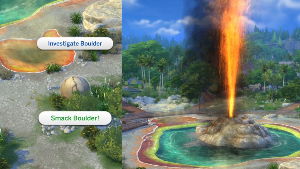 A screenshot from The Sims 4 showing what happens when you smack the strange boulder