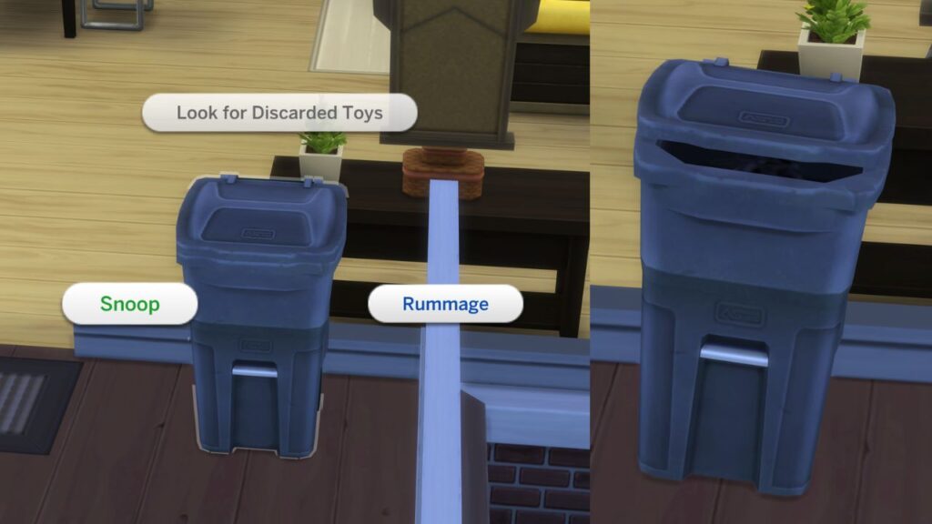 A screenshot from The Sims 4 showing a trash can with the Snoop option highlighted 