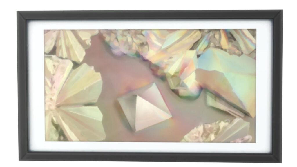 A screenshot from The Sims 4 of a black frame with an image of a crystal under a microscope 