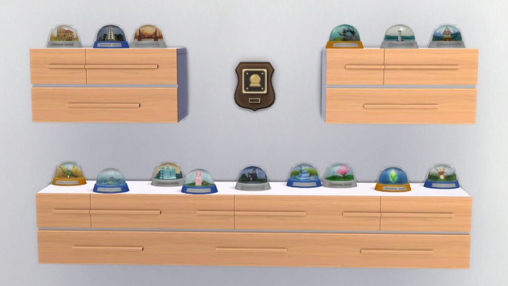 A screenshot from The Sims 4 showing a wall with shelves covered in snow globes