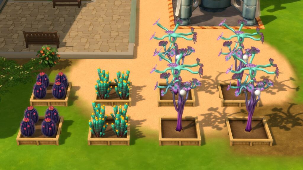 A screenshot from The Sims 4 showing a sim's backyard with a garden full of alien plants