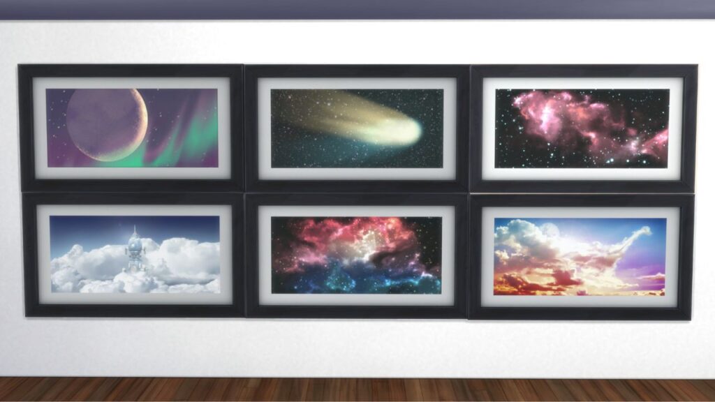A screenshot from The Sims 4 showing a collection of space prints on the wall