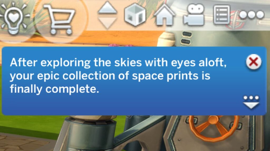A screenshot from The Sims 4 showing the notification you get when you finish the space prints collection
