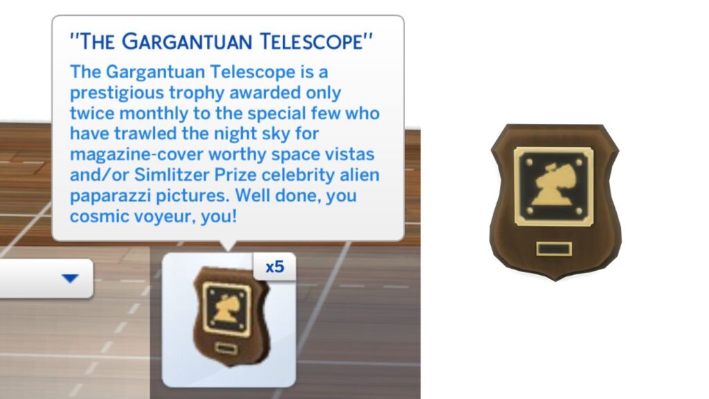 A screenshot from The Sims 4 showing "The Gargantuan Telescope" plaque
