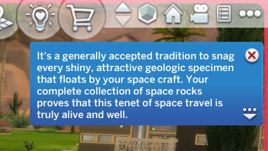 A screenshot from The Sims 4 showing the notification you get when you finish the space rock collection