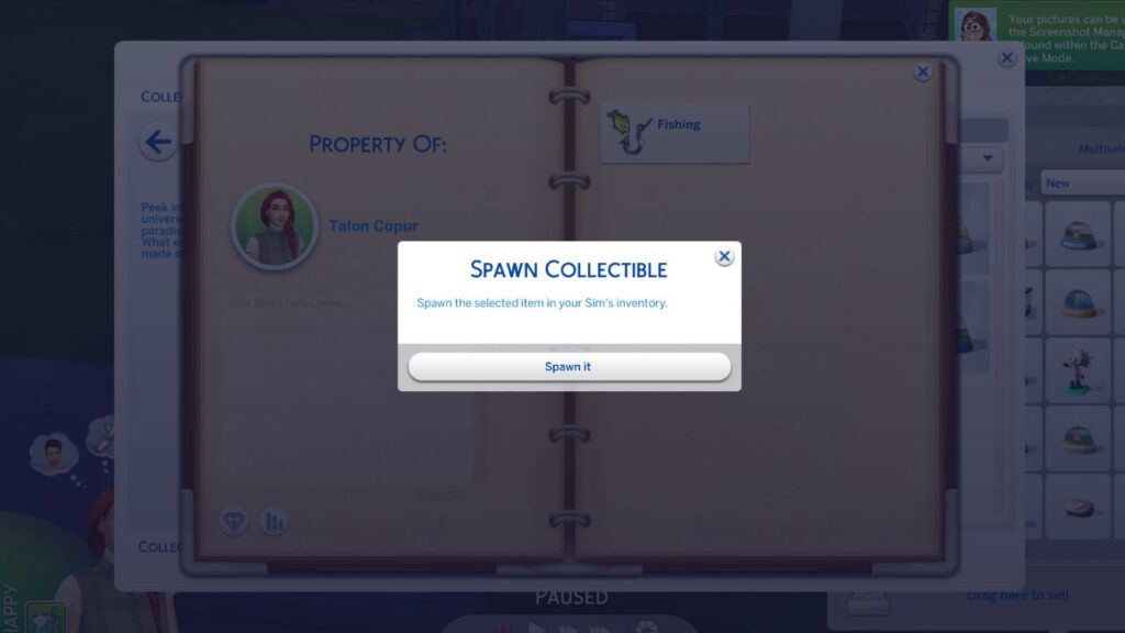 A screenshot from The Sims 4 showing how you can spawn a collectible with UI Cheats