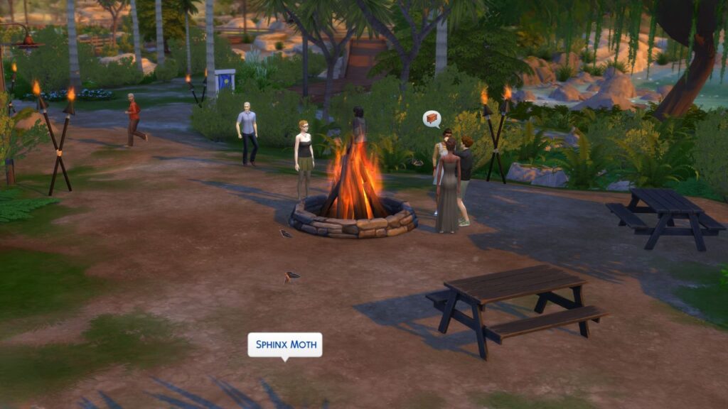 A screenshot from The Sims 4 showing the location of the Sphinx Moth at the Round The Fire Festival