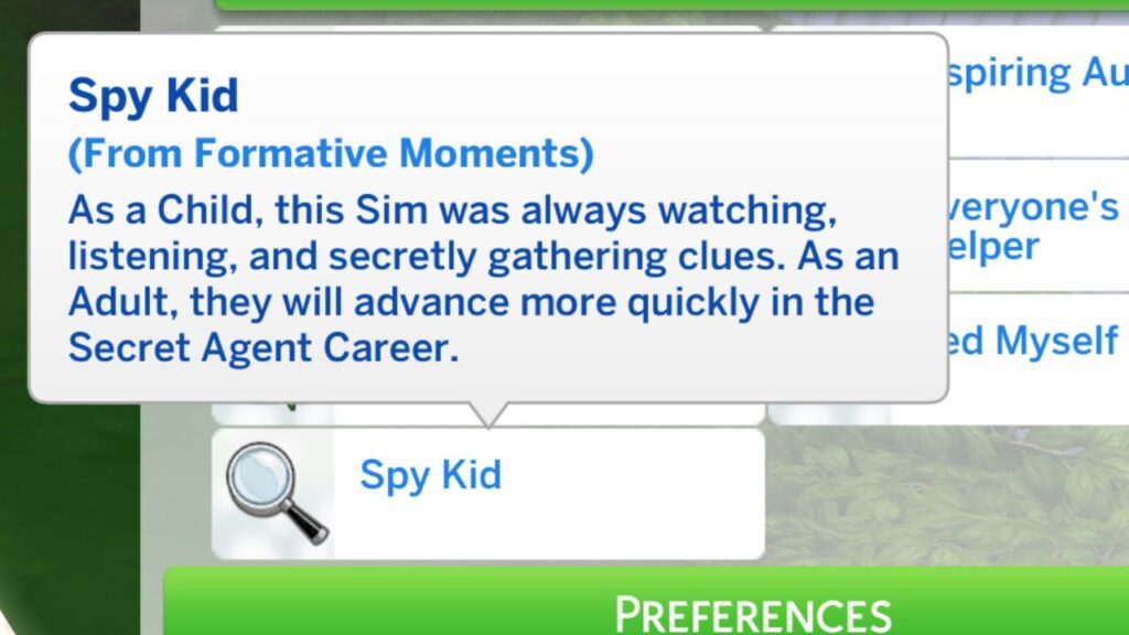 A screenshot from The Sims 4 showing the Spy Kid formative moment trait 