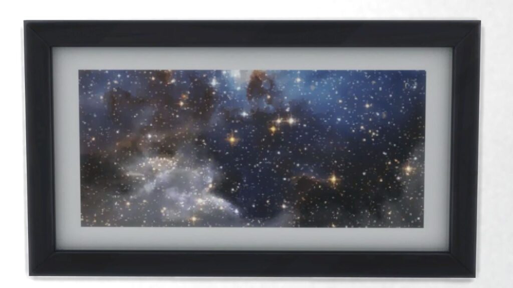 A screenshot from The Sims 4 showing a black frame with a print of a night sky of stars