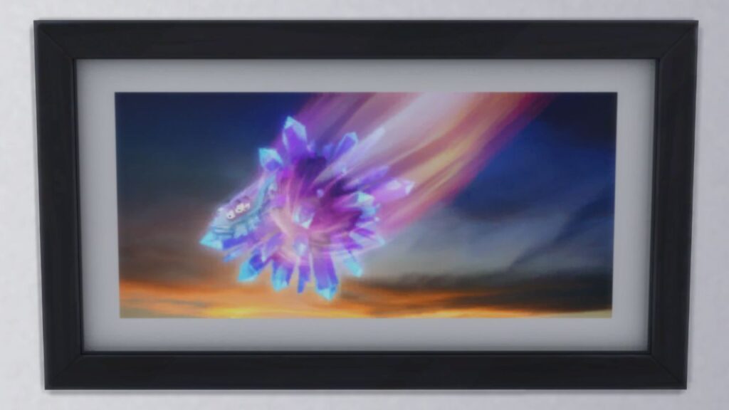 A screenshot from The Sims 4 showing a black frame with a print of a space rock with fire coming off it in the sky