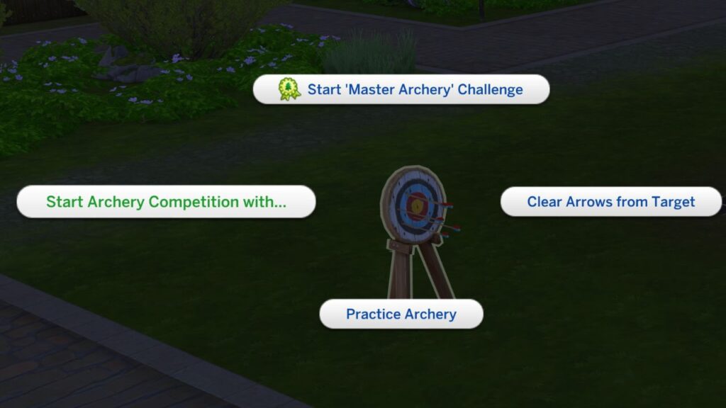 A screenshot from The Sims 4 showing the menu options to start an archery competition 