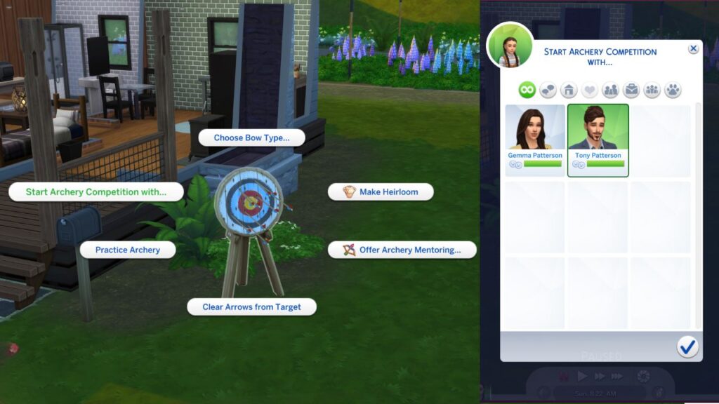 A screenshot from The Sims 4 showing the option to start archery competition on a target and the menu to choose an opponent