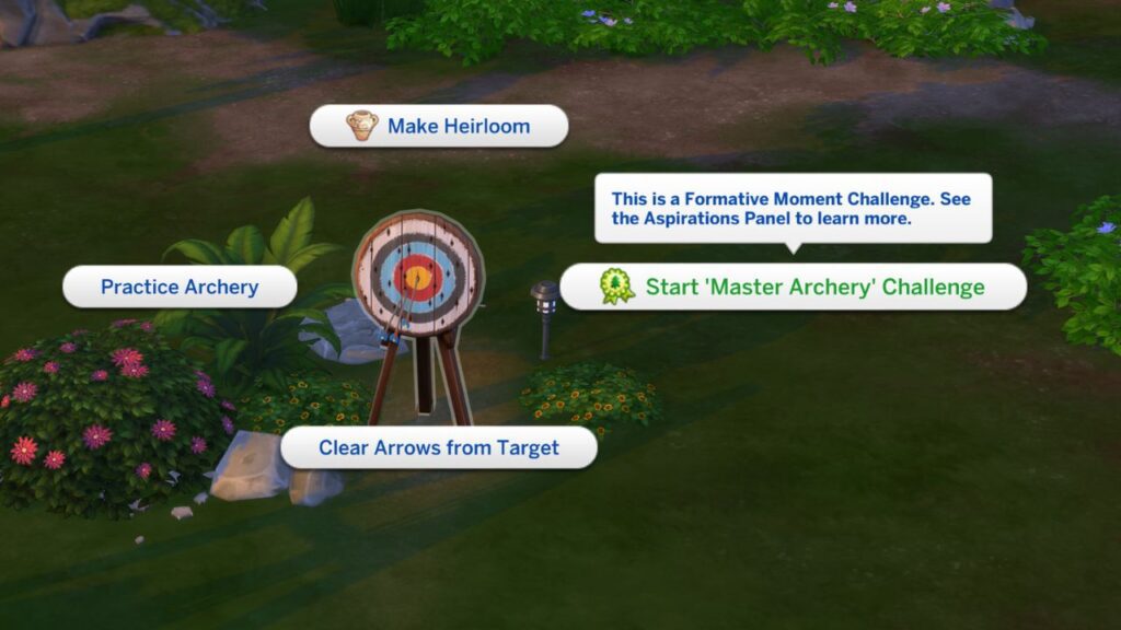 A screenshot from The Sims 4 showing the option to start mastery archery challenge on an archery target
