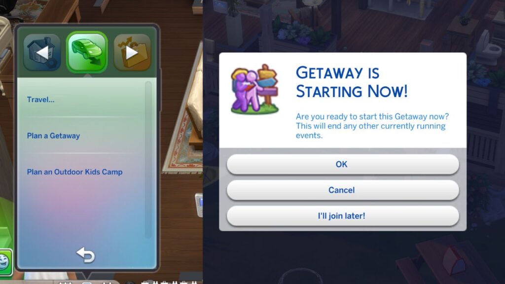 A screenshot from The Sims 4 showing how to start and attend a getaway