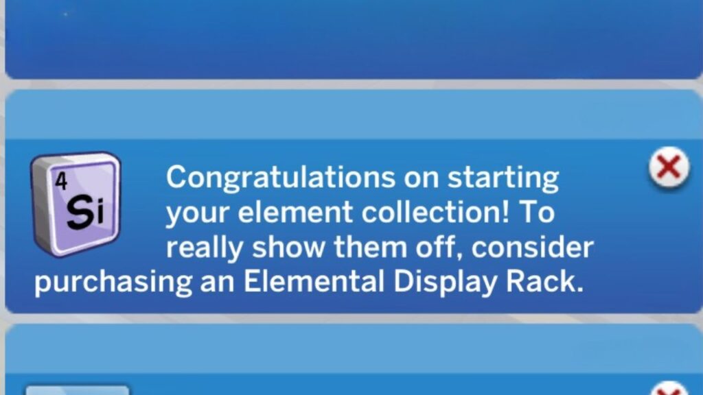 A screenshot from The Sims 4 showing the notification you get after you get your first element back from the Geo council
