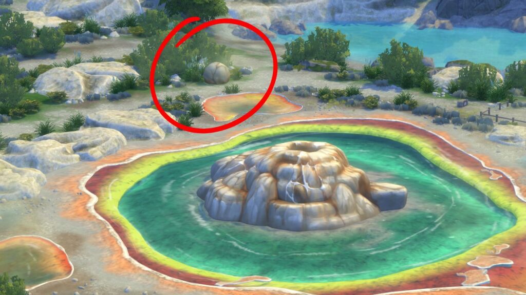 A screenshot from The Sims 4 showing the location of the strange boulder