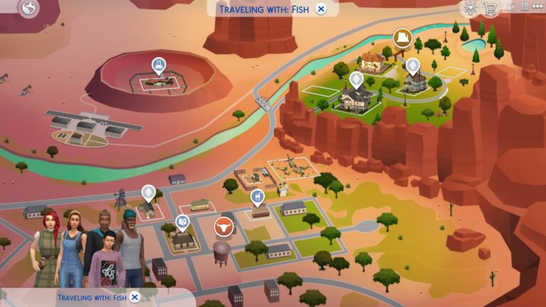 A screenshot from The Sims 4 showing the map of Strangerville