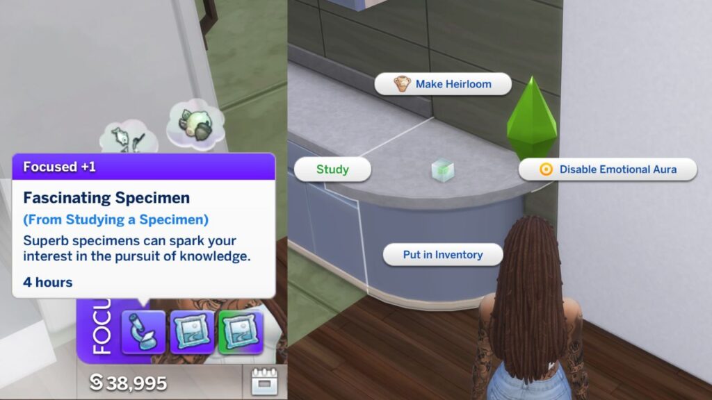 A screenshot from The Sims 4 showing a sim studying an element and getting a focused moodlet