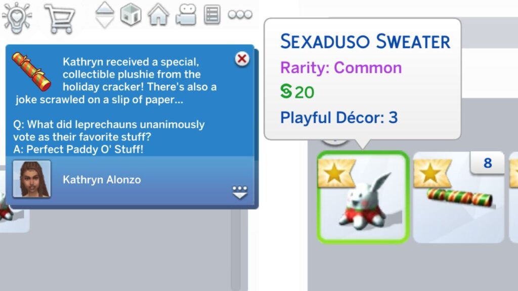A screenshot from The Sims 4 showing the notification you get from finding a holiday cracker plushies collectible