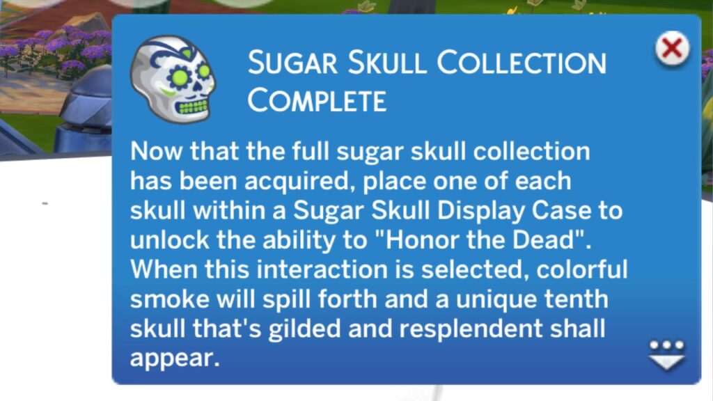 A screenshot from The Sims 4 showing the Sugar Skull Collection Complete notification